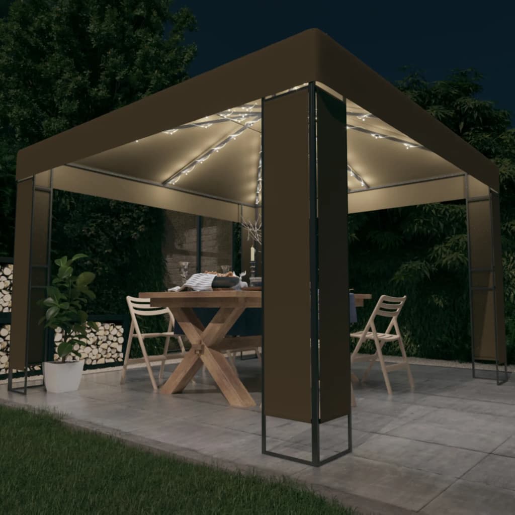 Vidaxx Pavillon mit Doppeldach und LED-Lichterkette 3x3x2,7 m Taupe