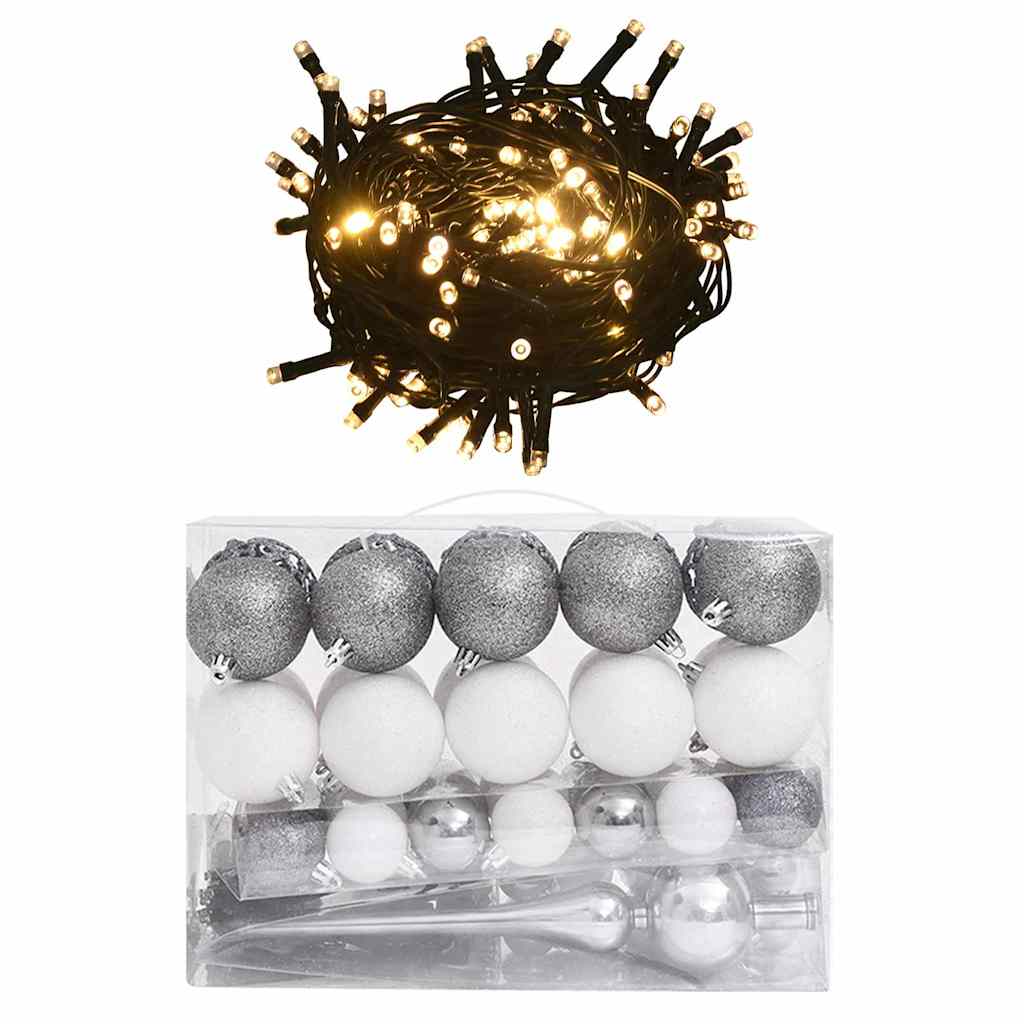 VIDAXL 61-TEIL-Weihnachtsball-Set mit Spitzen- und 150 LEDs weiß und grau