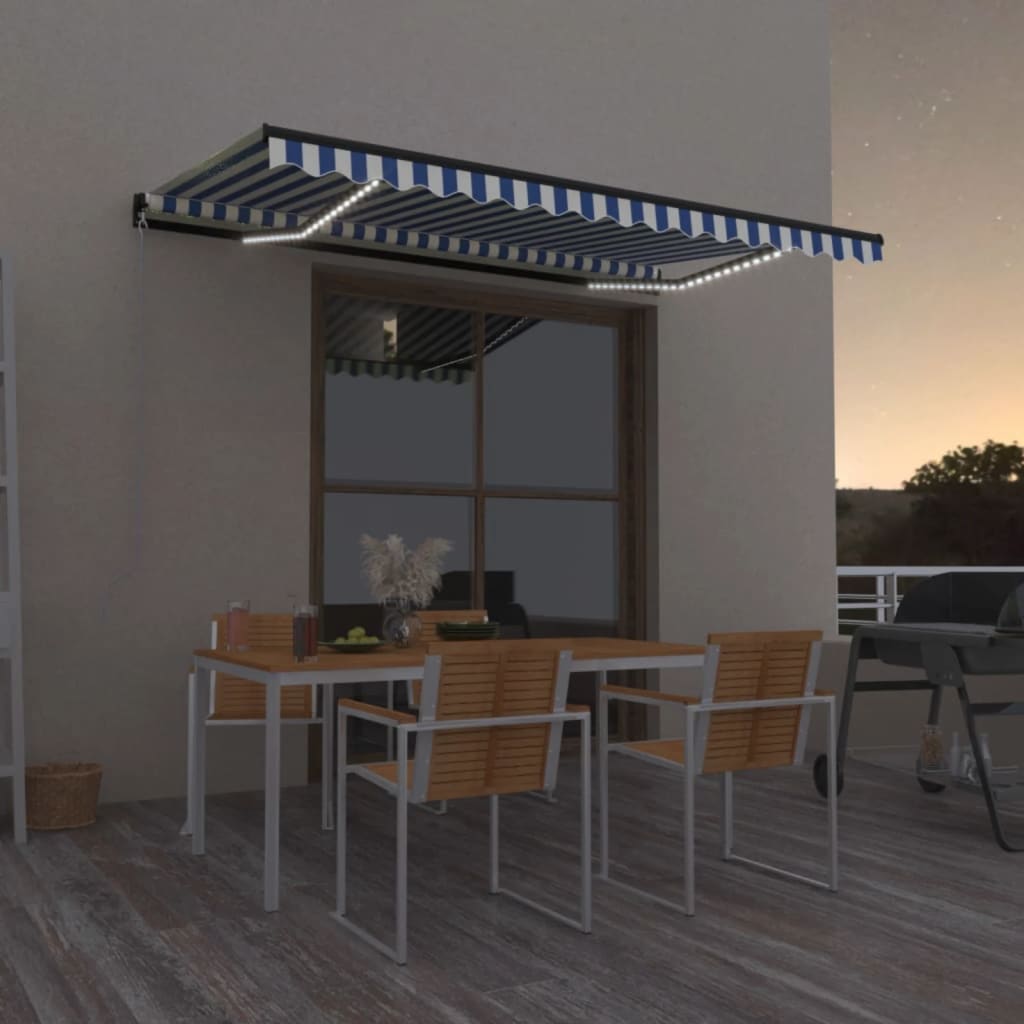 Vidaxl luifel manuell ausziehbar mit LED 400x350 cm blau und weiß