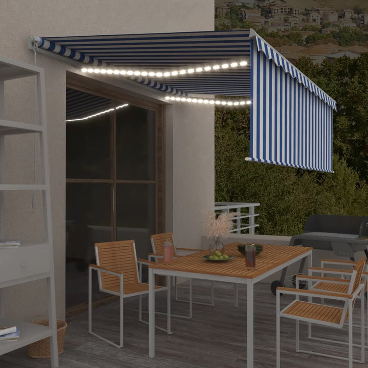 Vidaxl luifel manuell ausziehbare Roller Blind LED 4,5 x 3 m blau weiß