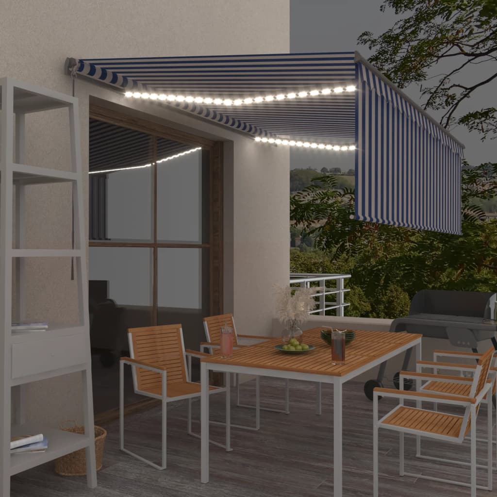 Vidaxl luifel manuell ausziehbar mit Rollerblind -LED 4x3 m blau weiß