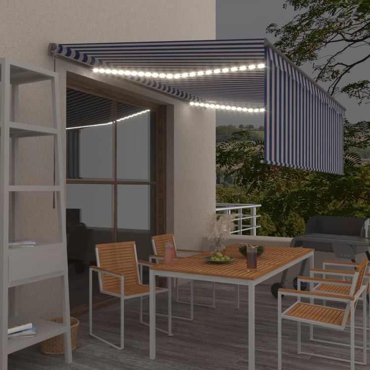 Vidaxl luifel manuell ausziehbar mit Rollerblind -LED 4x3 m blau weiß