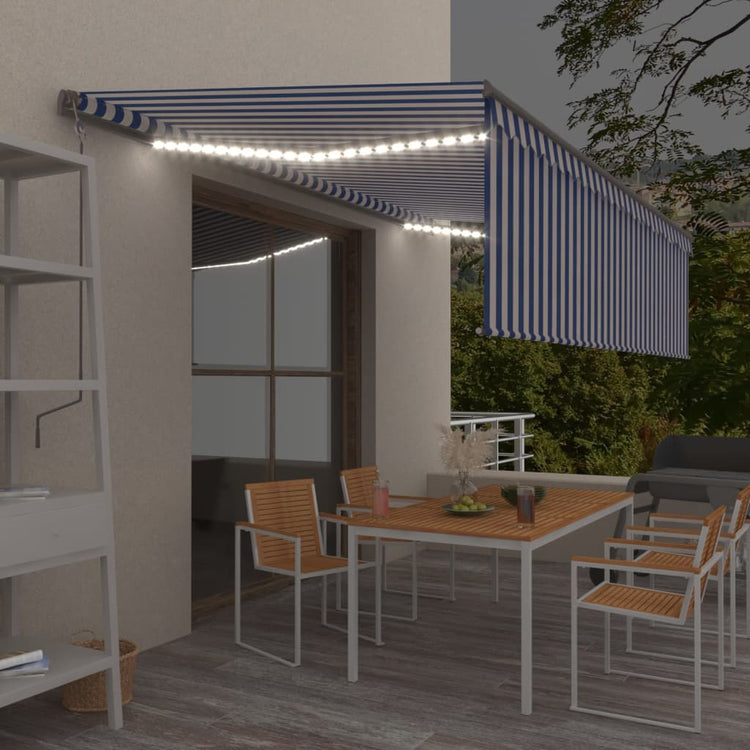 Vidaxl luifel manuell ausziehbar mit Rollerblind -LED 5x3 m blau weiß