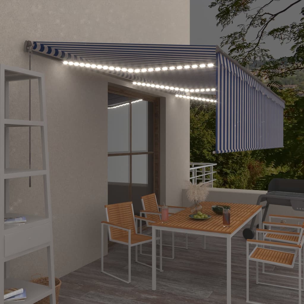 Vidaxl luifel manuell ausziehbar mit Rollerblind -LED 6x3 m blau weiß