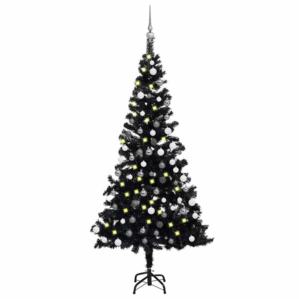 Vidaxl Kunstkerstboom mit Beleuchtung und Weihnachtskugeln 180 cm PVC Schwarz