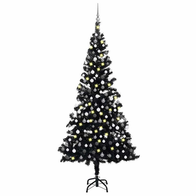 Vidaxl Kunstkerstboom mit Beleuchtung und Weihnachtsbällen 210 cm PVC Schwarz