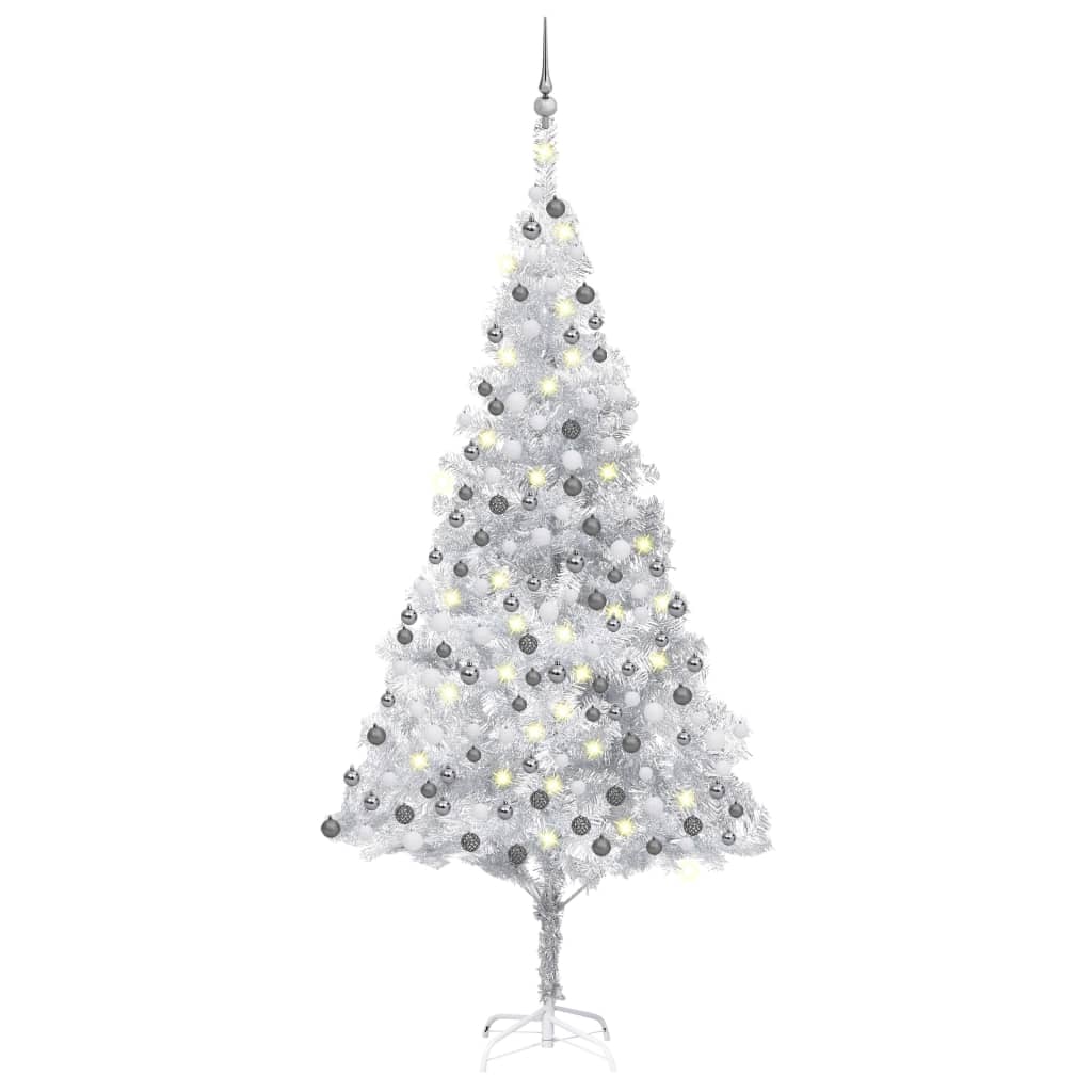Vidaxl Kunstkerstboom mit Beleuchtung und Weihnachtskugeln 210 cm Haustier Silber