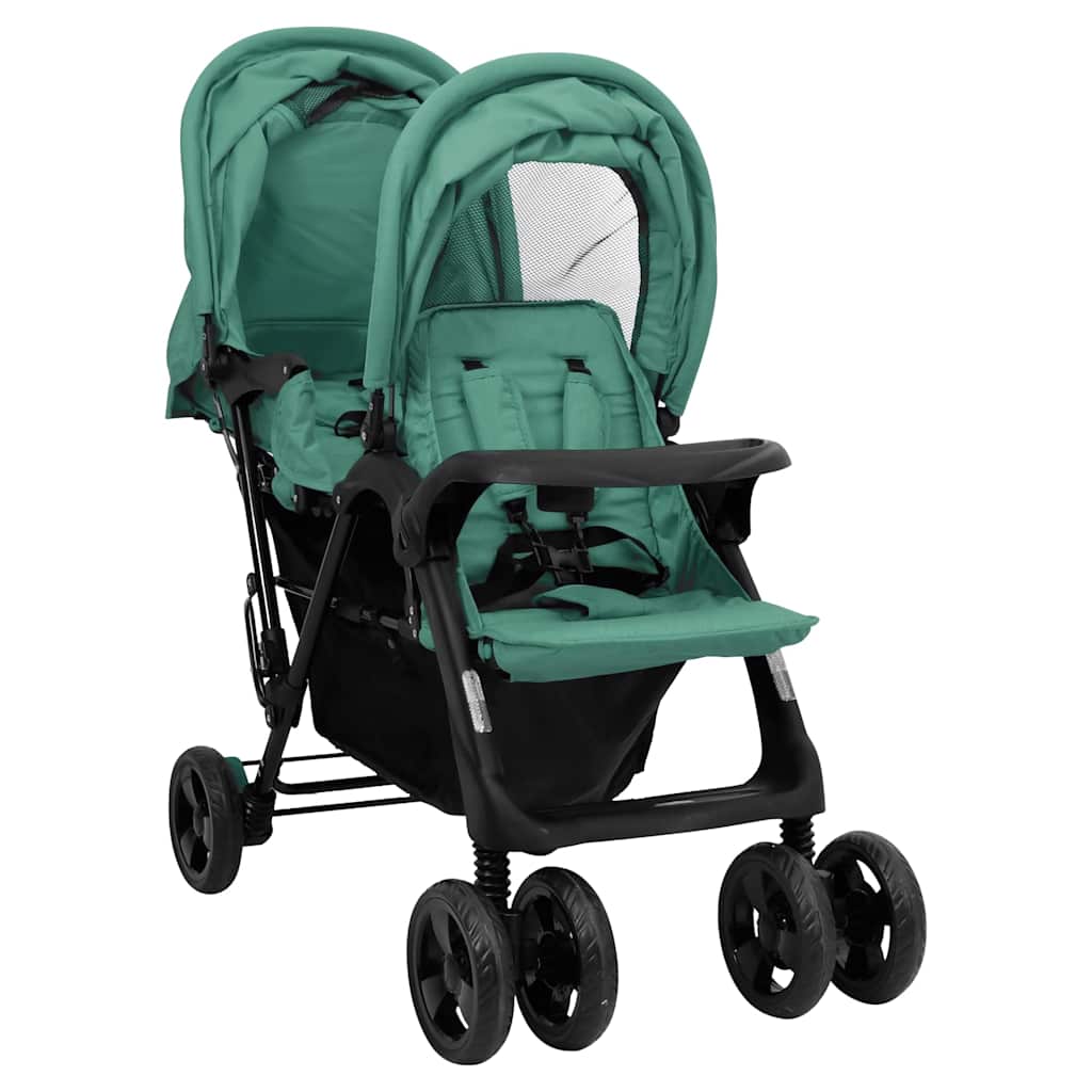 VIDAXL Zwillingskinderwagen Tandem Stahl Grün