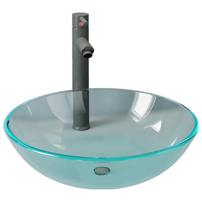 VidaXL-Waschbecken mit Wasserhahn und Ablaufgarnitur, gehärtetes Glas, transparent