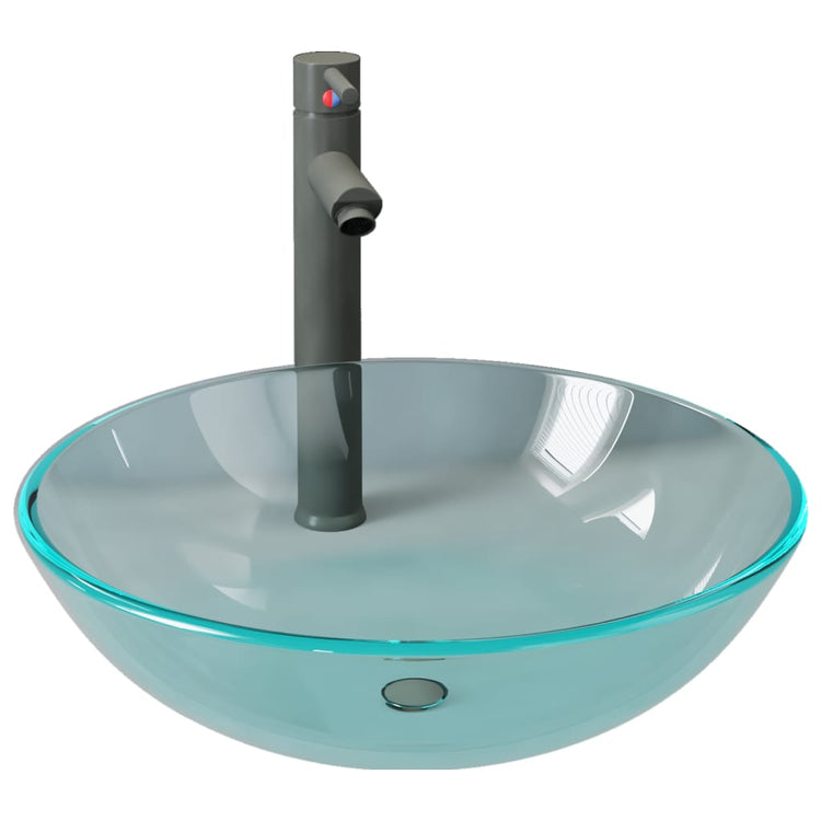 VidaXL-Waschbecken mit Wasserhahn und Ablaufgarnitur, gehärtetes Glas, transparent