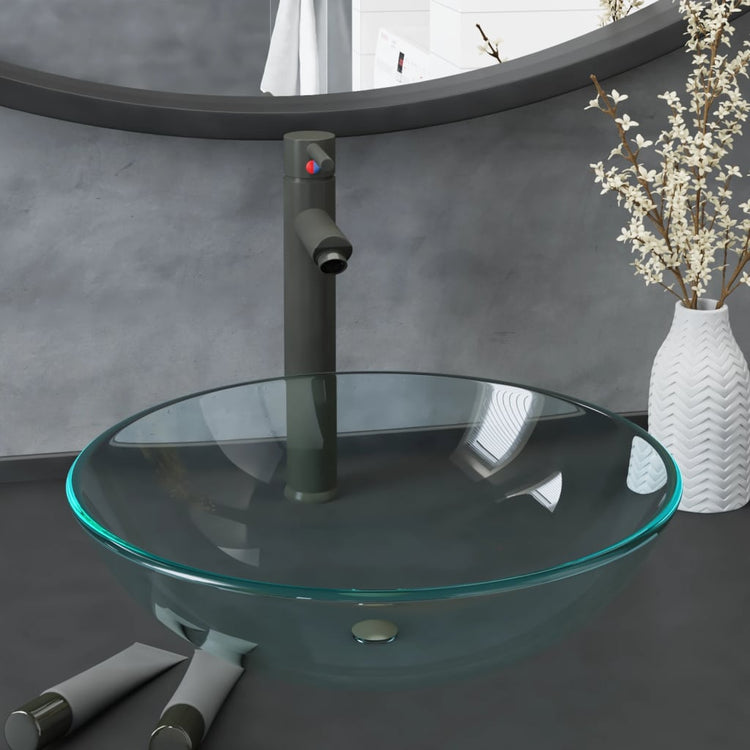 VidaXL-Waschbecken mit Wasserhahn und Ablaufgarnitur, gehärtetes Glas, transparent