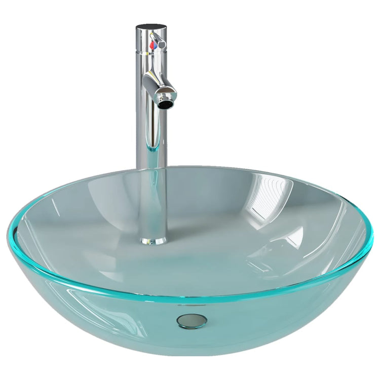 VidaXL-Waschbecken mit Wasserhahn und Ablaufgarnitur, gehärtetes Glas, transparent