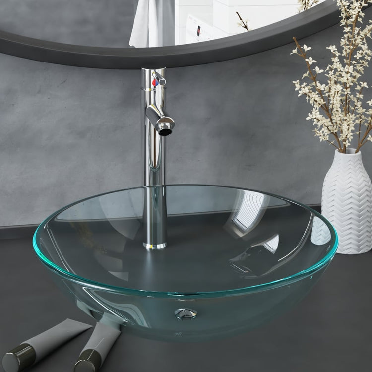 VidaXL-Waschbecken mit Wasserhahn und Ablaufgarnitur, gehärtetes Glas, transparent