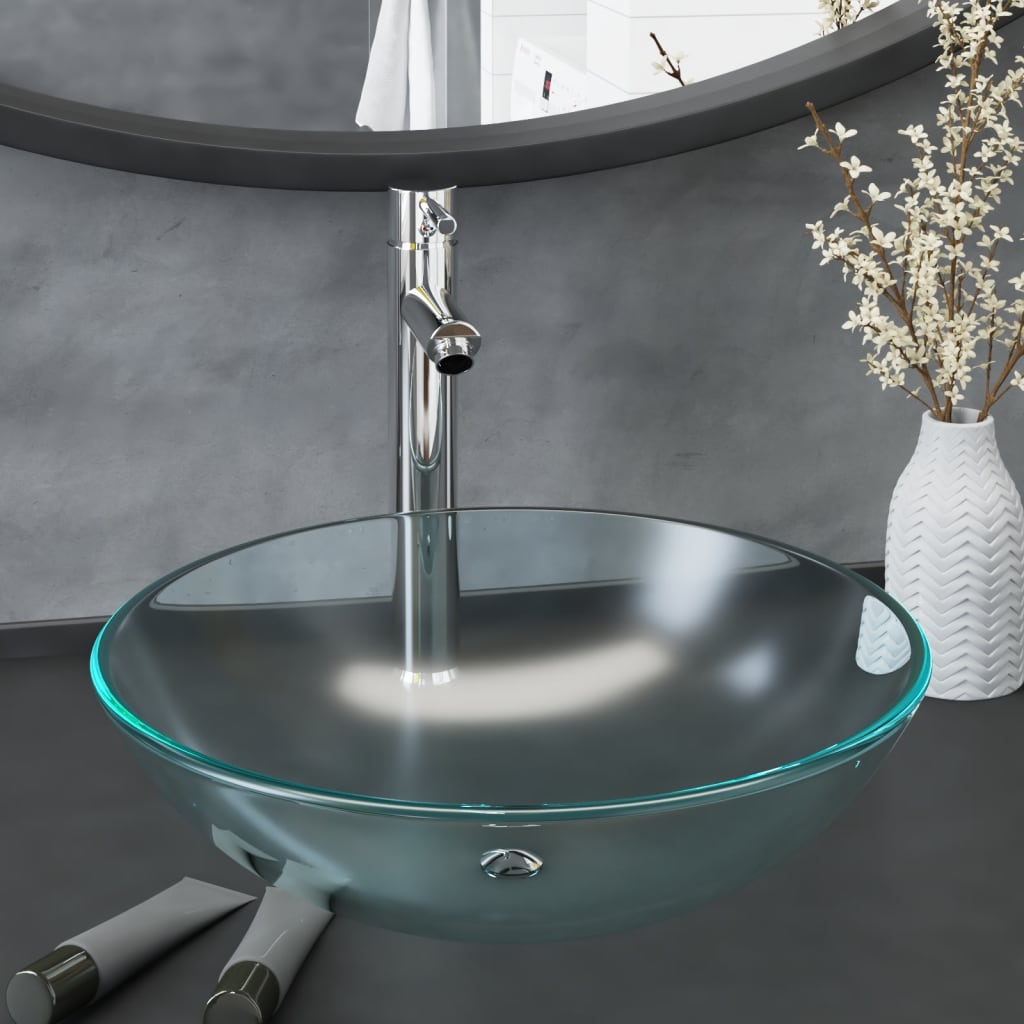 Vidaxl-Waschbecken mit Wasserhahn und Pop-up-Abflussmatte gemäßigtes Glas