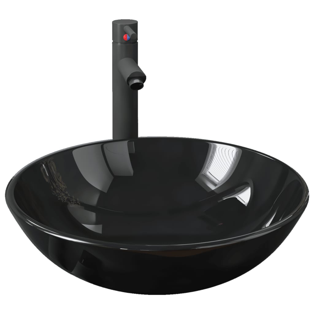 VidaXL-Spüle mit Wasserhahn und Pop-up-Ablauf, gehärtetes Glas, schwarz