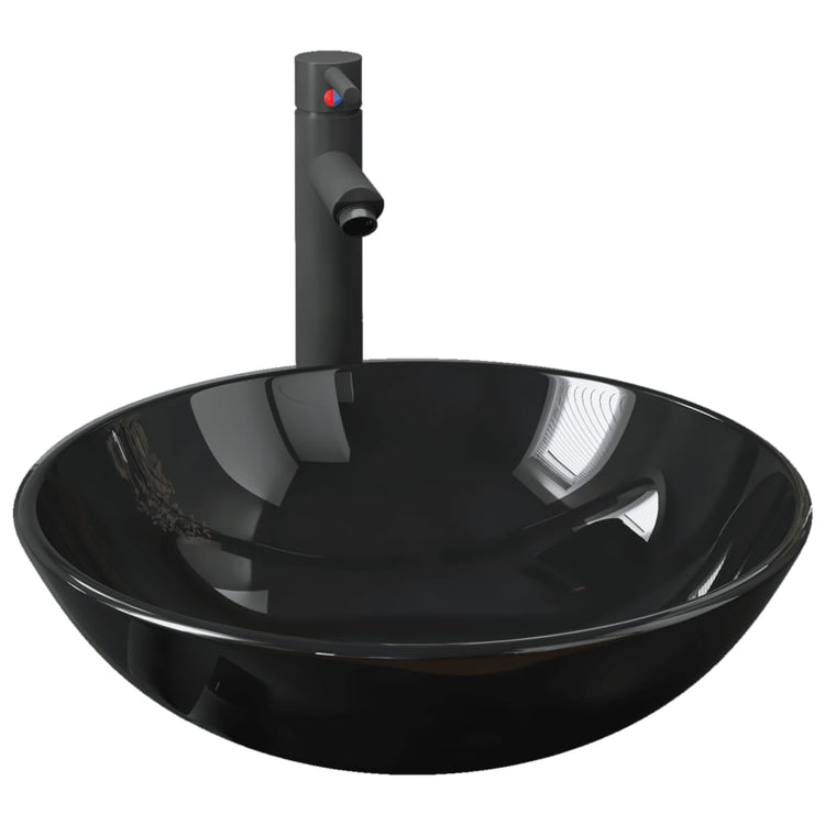 VidaXL-Spüle mit Wasserhahn und Pop-up-Ablauf, gehärtetes Glas, schwarz