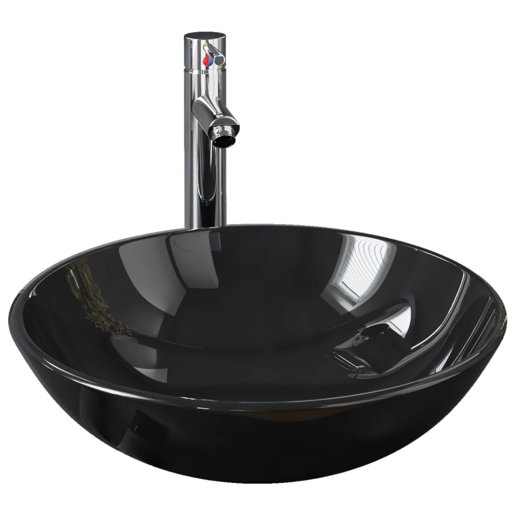 VidaXL-Spüle mit Wasserhahn und Pop-up-Ablauf, gehärtetes Glas, schwarz