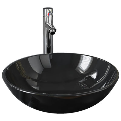 VidaXL-Spüle mit Wasserhahn und Pop-up-Ablauf, gehärtetes Glas, schwarz