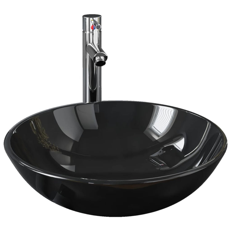 VidaXL-Spüle mit Wasserhahn und Pop-up-Ablauf, gehärtetes Glas, schwarz