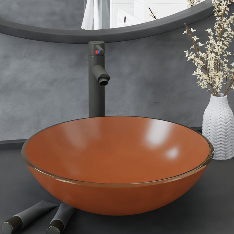 VidaXL-Spüle mit Wasserhahn und Pop-up-Ablauf, gehärtetes Glas, braun