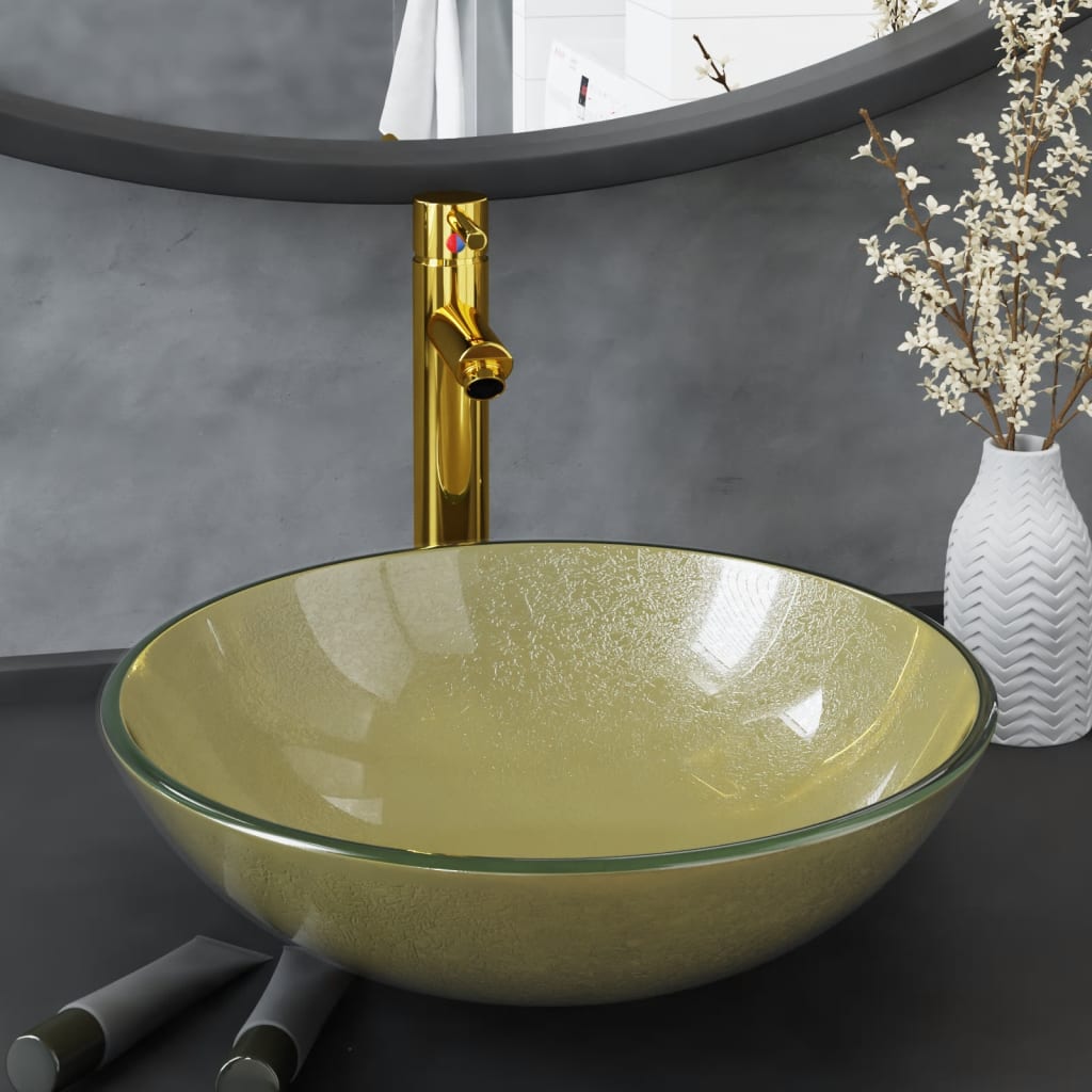 Vidaxl-Waschbecken mit Kran und Pop-up-Abflussglas Gold gefärbt