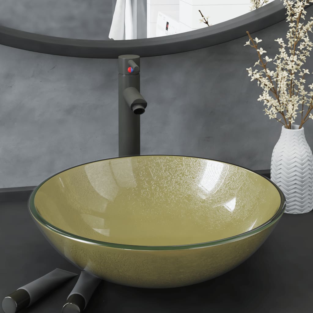VidaXL-Waschbecken mit Wasserhahn und Pop-up-Ablauf, gehärtetes Glas, goldfarben