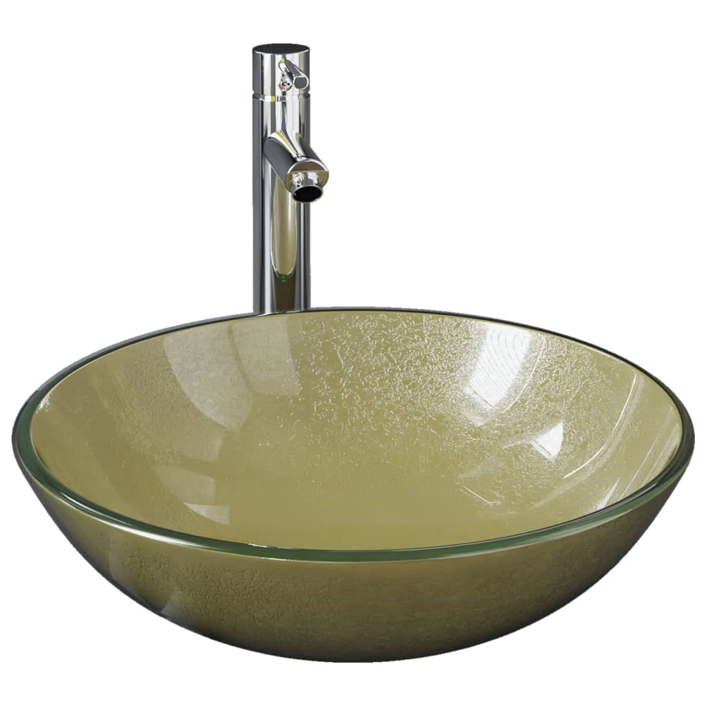 VidaXL-Waschbecken mit Wasserhahn und Pop-up-Ablauf, gehärtetes Glas, goldfarben