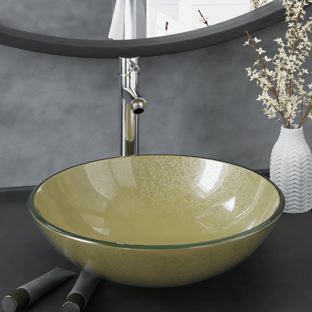 VidaXL-Waschbecken mit Wasserhahn und Pop-up-Ablauf, gehärtetes Glas, goldfarben