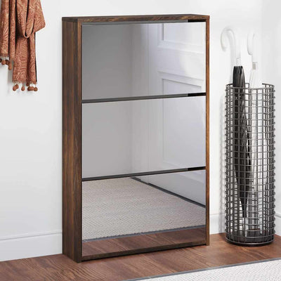 Vidaxl-Schuhschrank mit Spiegel 3-Schicht 63x17x102.5 cm geräucherter Eiche
