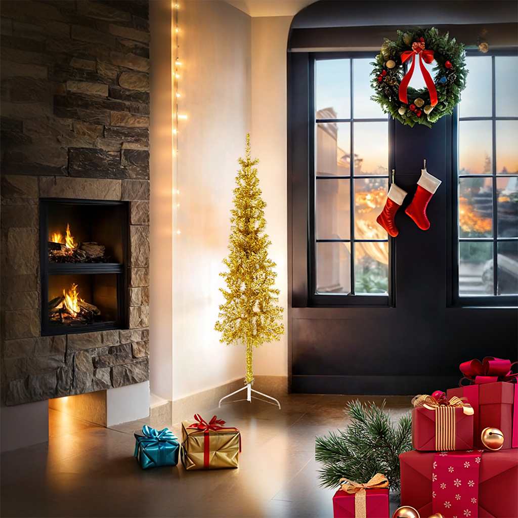 Vidaxl kunstkerstboom halb mit Standard schmal 150 cm Gold gefärbt