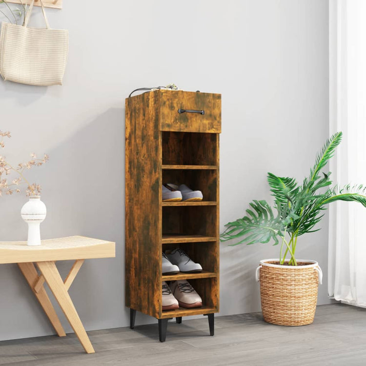 VIDAXL -Schuhschrank 30x35x105 cm Eigenschaften mit geräuchertem Eichenbaus befördert