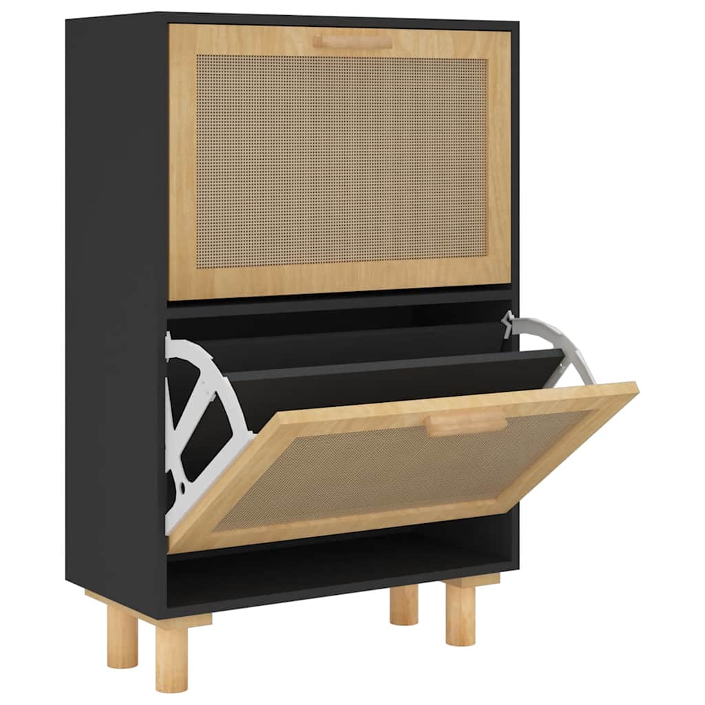 Vidaxl -Schuhschrank 52x25x80 cm propertiertes Holz und Rattan Schwarz