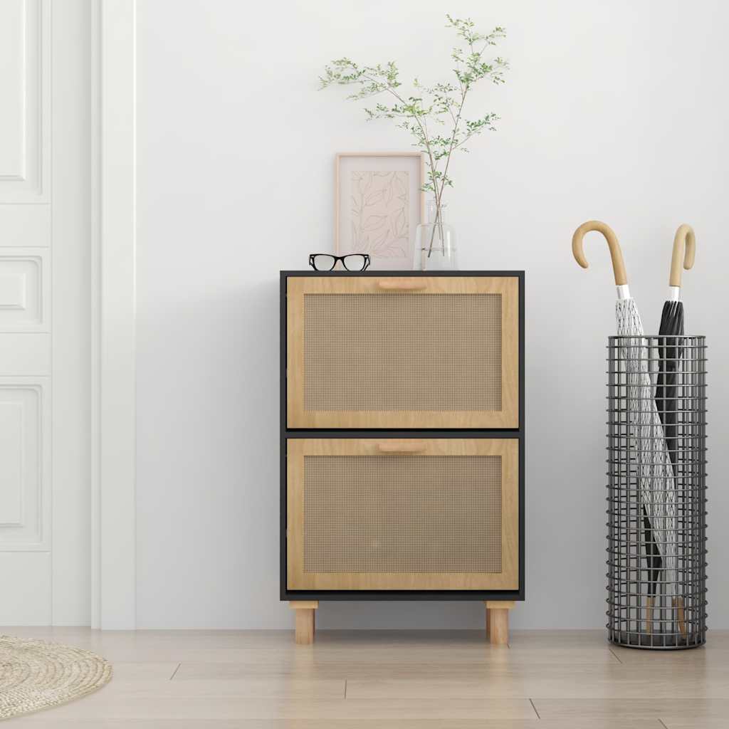 Vidaxl -Schuhschrank 52x25x80 cm propertiertes Holz und Rattan Schwarz