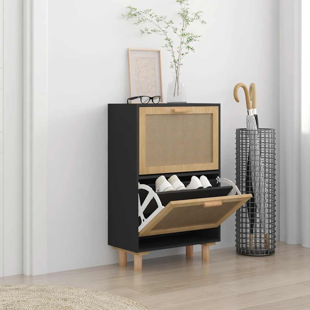 Vidaxl -Schuhschrank 52x25x80 cm propertiertes Holz und Rattan Schwarz