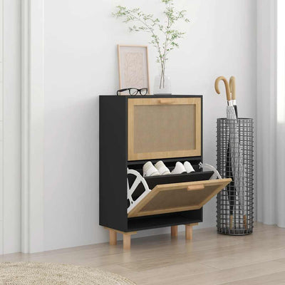 Vidaxl -Schuhschrank 52x25x80 cm propertiertes Holz und Rattan Schwarz