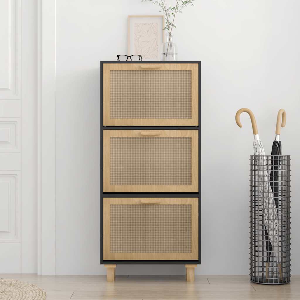 VIDAXL -Schuhschrank 52x25x115 cm propertiertes Holz und Rattan Schwarz