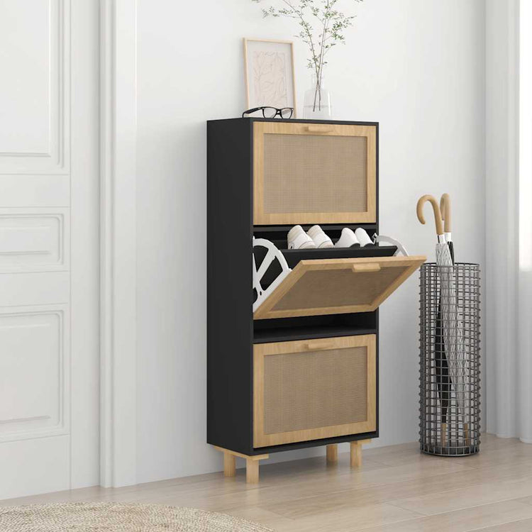 VIDAXL -Schuhschrank 52x25x115 cm propertiertes Holz und Rattan Schwarz
