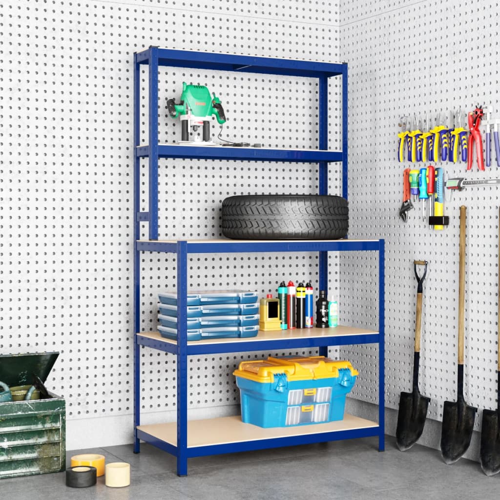 Vidaxl Werkafel 5 -schichtige mit Stahlregalen und verarbeiteten Holzblau