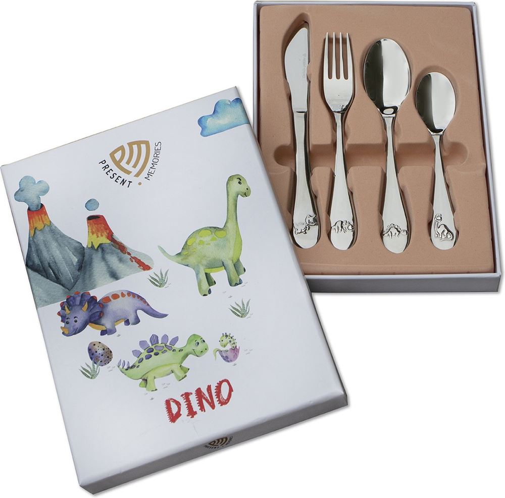 Present Memories - Kinderbesteck - 4-teilig - Dino - silberweißer Edelstahl