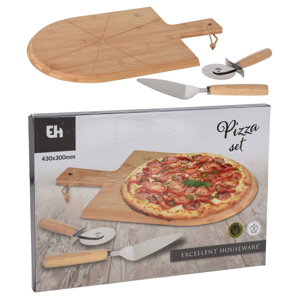 Ausgezeichnete Hausware Houseware 3-teilige Pizzasnijs Set 43x30 cm Bambus
