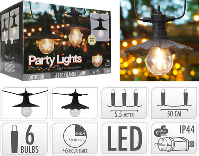 Pro Gartenpartybeleuchtung Außenbeleuchtung 6 LED-Filamentlampen warmweiß 5,5 Meter Partybeleuchtung für draußen