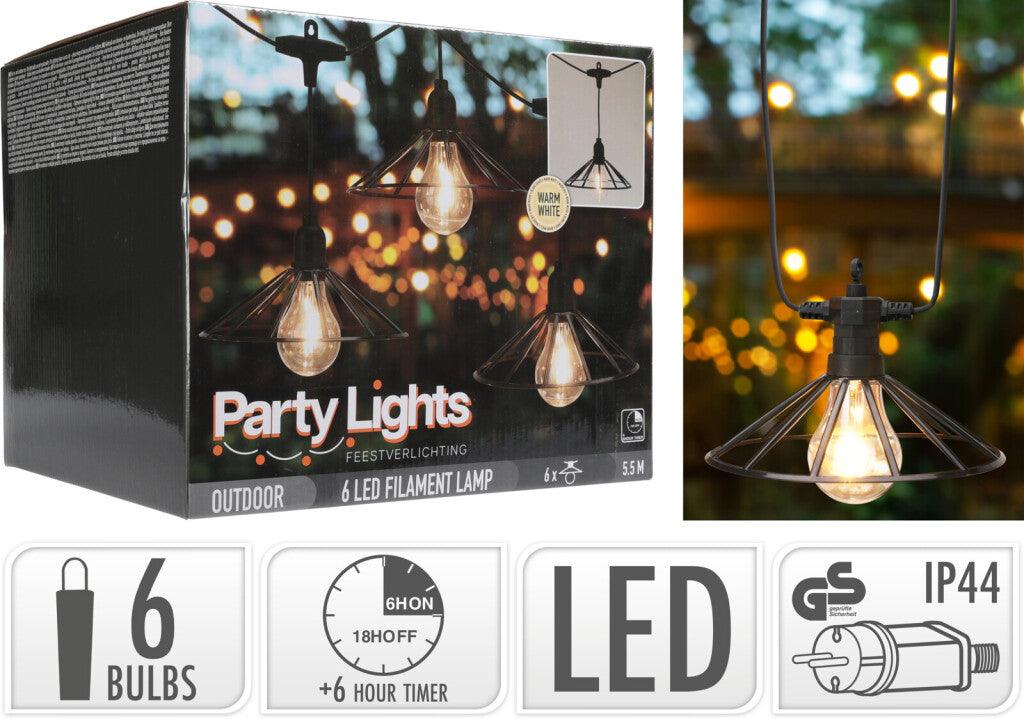 Excellent Houseware Pro Gartenparty-Leuchten, Vintage-LED-Lichterkette, 6 Glühlampen mit Industriekorb, 5,5 m, IP44