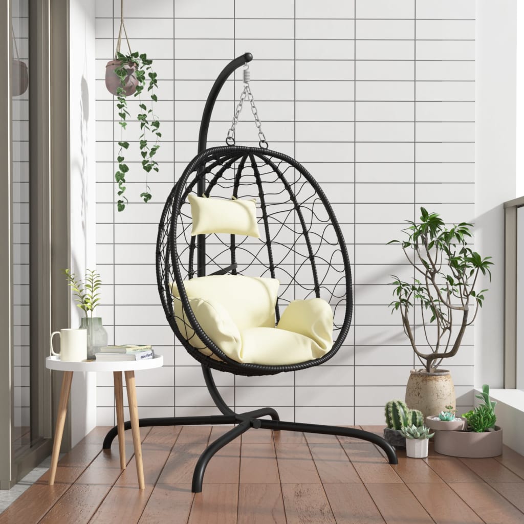 Vidaxl Hanging Stuhl mit Kissen Poly Rattan und Stahlcreme weiß