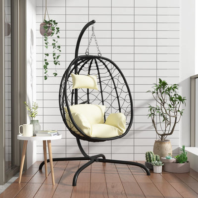 Vidaxl Hanging Stuhl mit Kissen Poly Rattan und Stahlcreme weiß