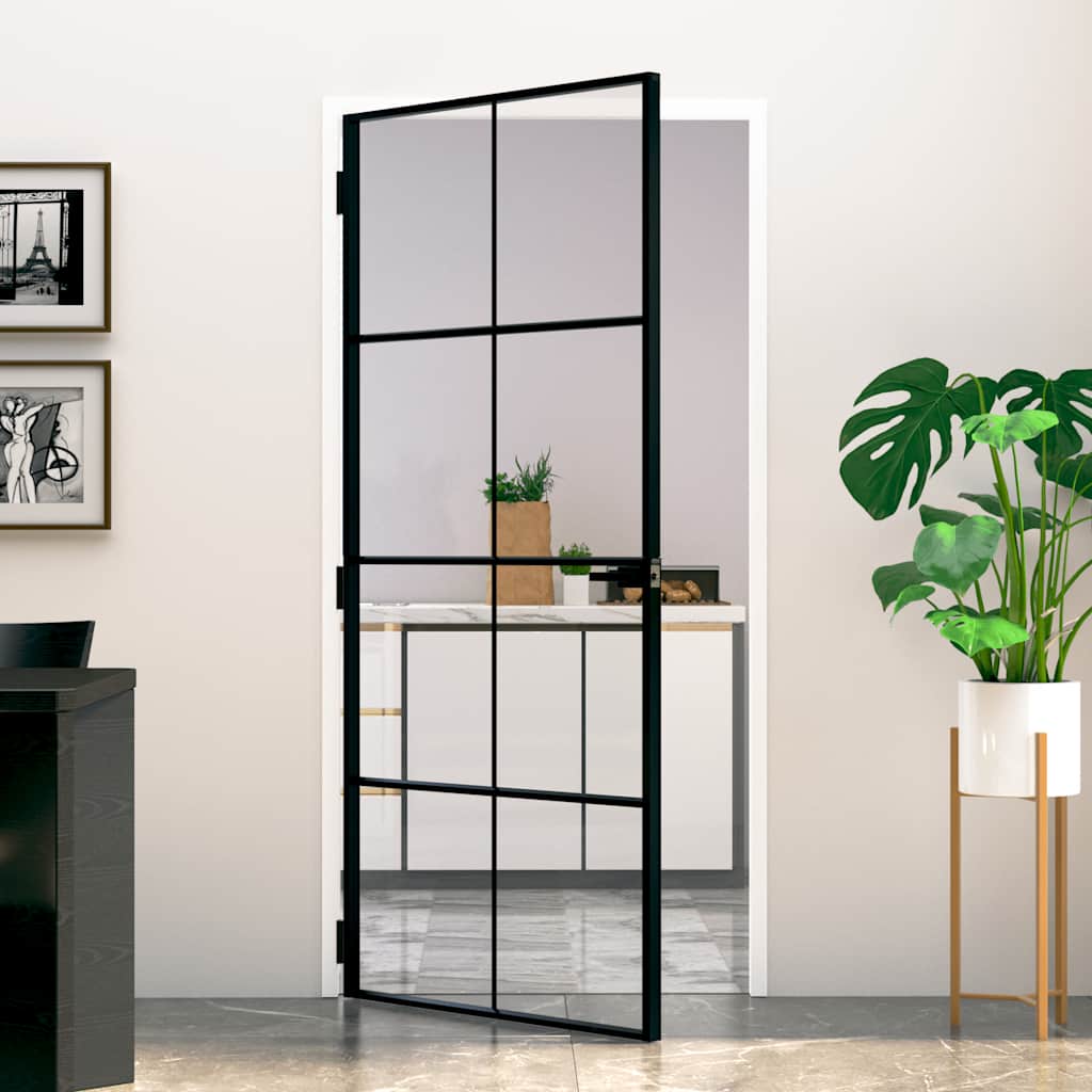 Vidaxl Innenür 93x201,5 cm gehärtetes Glas und Aluminiumschmal schwarz