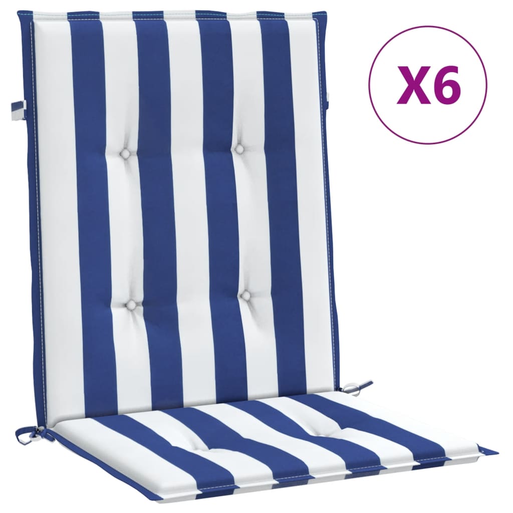 VidaXL Stuhlkissen 6 Stück, niedrige Rückenlehne, gestreifter Stoff, weiß und blau