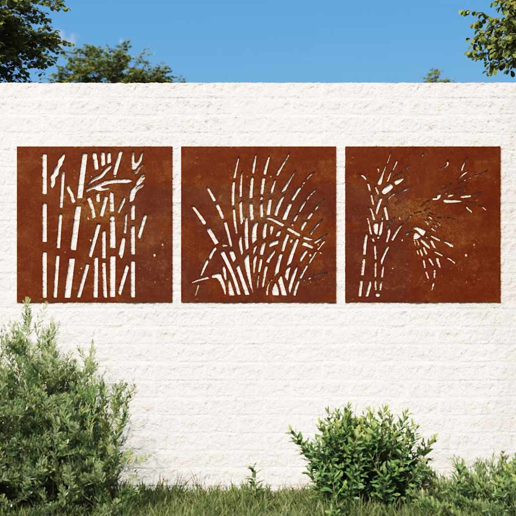 Vidaxl Wanddekoration Garten 3 ST Gras Design 55x55 cm Cortenstaal