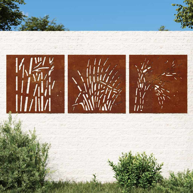 Vidaxl Wanddekoration Garten 3 ST Gras Design 55x55 cm Cortenstaal