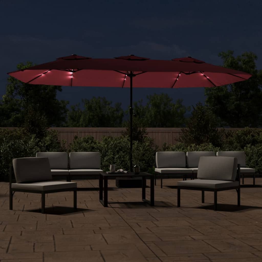 Vidaxl Parasol Doppeldach mit LED 449x245 cm Bordeaux rot