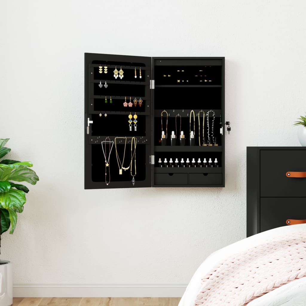 Vidaxl Schmuckschrank mit Spiegel und mit LED -Wand montiertem Schwarz